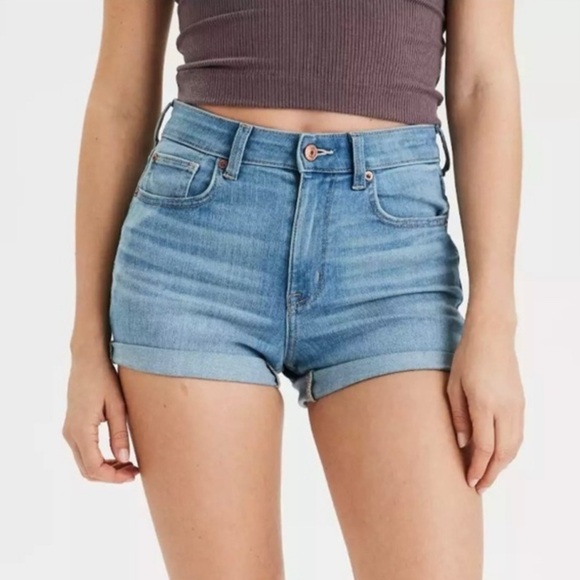 American Eagle Medium Wash Hi Rise Shortie Denim Shorts 8 - Picture 1 of 9